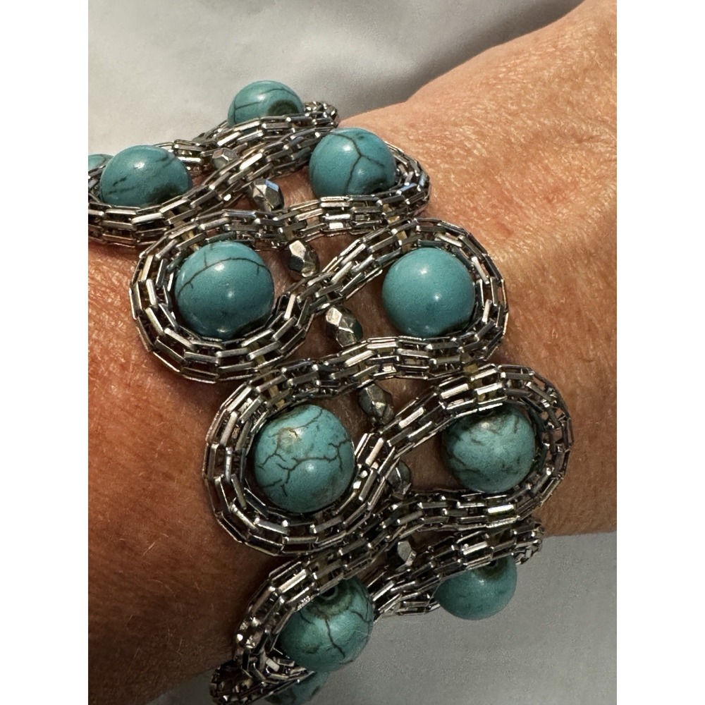 Wide Turquoise Colored Stretch Bead Silver Tone Bracelet Boho Ethnic Artsy Fairy